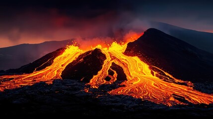 Erupting volcano with flowing lava, dramatic landscape at sunset.