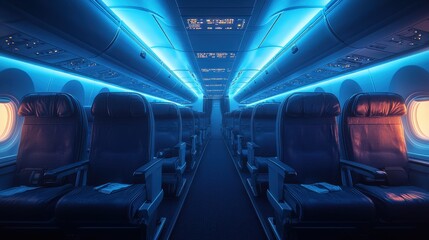 Fototapeta premium Experience tranquil travel explore the soft blue aisle of an airplane in a nighttime setting