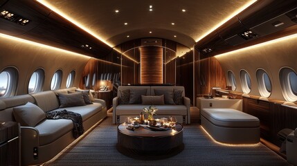 Fototapeta premium Experience luxurious travel aboard a soft bluelit airplane aisle in a nighttime airport setting