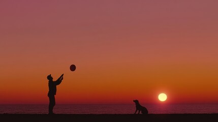 Fototapeta premium Silhouetted figure playing ball with a dog at sunset.