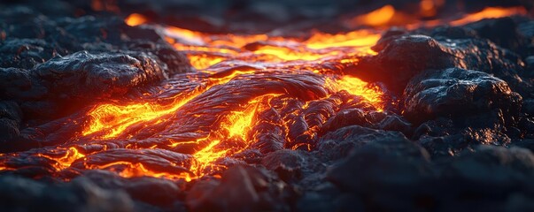 Fototapeta premium Lava flow on volcanic surface glowing with vibrant orange colors.