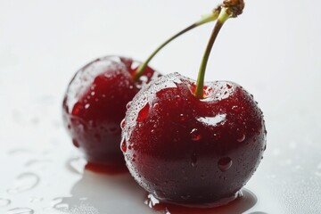 Two red cherries with water droplets on a white background.