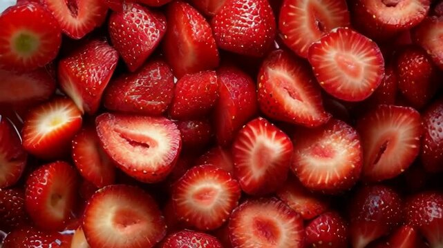 A close up of a bunch of strawberries with the top of the strawberries showing. The strawberries are red and appear to be fresh