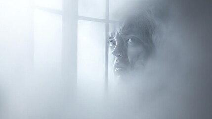 A misty scene featuring a person's face partially obscured, evoking mystery and emotion.
