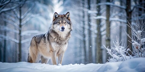 Naklejka premium Majestic gray wolf in a snowy forest , wildlife, predator, wilderness, nature, animal, pack, hunting, howling, fur, wilderness, majestic