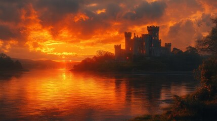 A majestic castle on an island with a fiery sunset over the water.