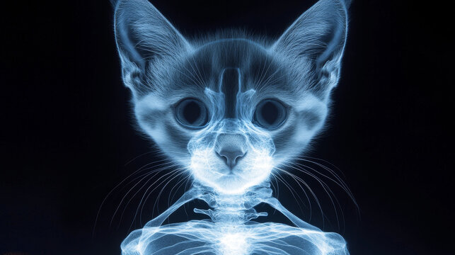 X-ray style of head cat in black background