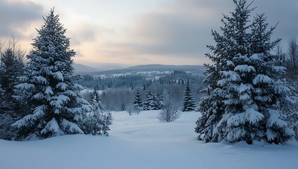Obraz premium Snowy Landscape with Trees and Majestic Mountains
