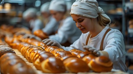 A woman is working in a bakery, making bread
