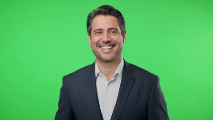 The senior man in a dark suit, smiling against a green background, is perfectly suited for roles such as businessman, CEO, director, executive, manager, lawyer, politician, speaker, accountant.