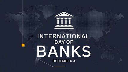 Minimalist, Professional Design Celebrating International Day of Banks with Bank Icon, World Map, and Bold Text on Navy Blue Background