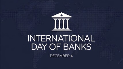 Minimalist, Professional Design Celebrating International Day of Banks with Bank Icon, World Map, and Bold Text on Navy Blue Background