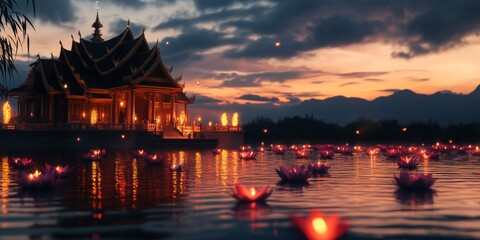 Obraz premium Thai temple in twilight with krathongs floating on nearby water,space for text