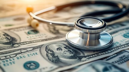A stethoscope lays on a pile of US dollar bills.