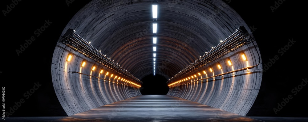 Poster futuristic tunnel structure with lights and empty pathway, isolated on black background.