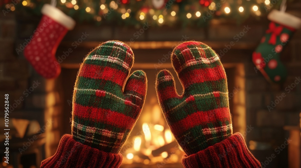 Poster two warmly patterned mittens are raised in front of a glowing fireplace, adorned with colorful holid