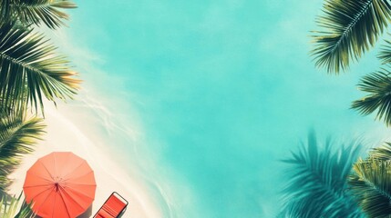An aerial view of a tropical beach with an umbrella and lounge chair.