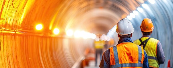 Construction workers inspecting a tunnel under bright lights.