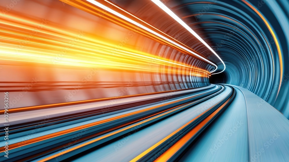 Poster tunnel with vibrant lights creating a sense of motion and speed.