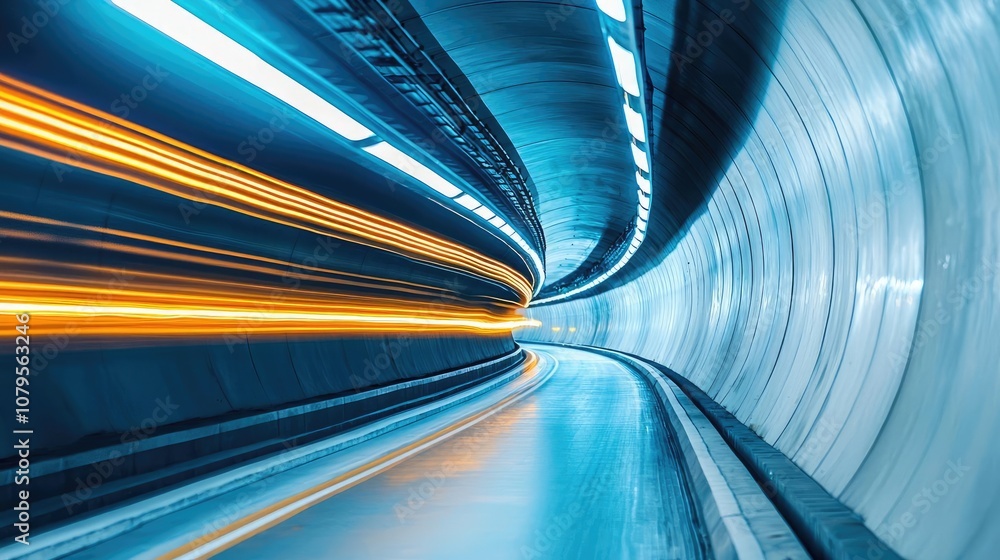 Poster dynamic abstract view of a high-speed train tunnel with light streaks.