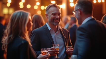 Business Professionals Socializing and Networking with Drinks at an Evening Event Under Warm Lights