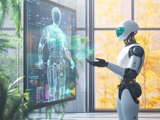 Human and AI collaborate in a modern office. The human interacts with a holographic display while the AI, a sleek robot, projects data. The space blends indoor plants and advanced technology