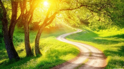 Obraz premium A serene winding path through a sunlit forest, inviting exploration and tranquility.