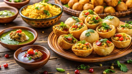 Vibrant and flavorful Indian street food, showcasing delicious panipuri, Indian, street food, Mumbai, snacks, appetizers, spicy
