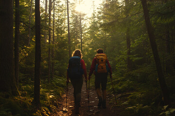 Fototapeta premium Two hikers with backpacks and trekking poles walk along a forest trail, illuminated by soft morning sunlight filtering through tall trees.