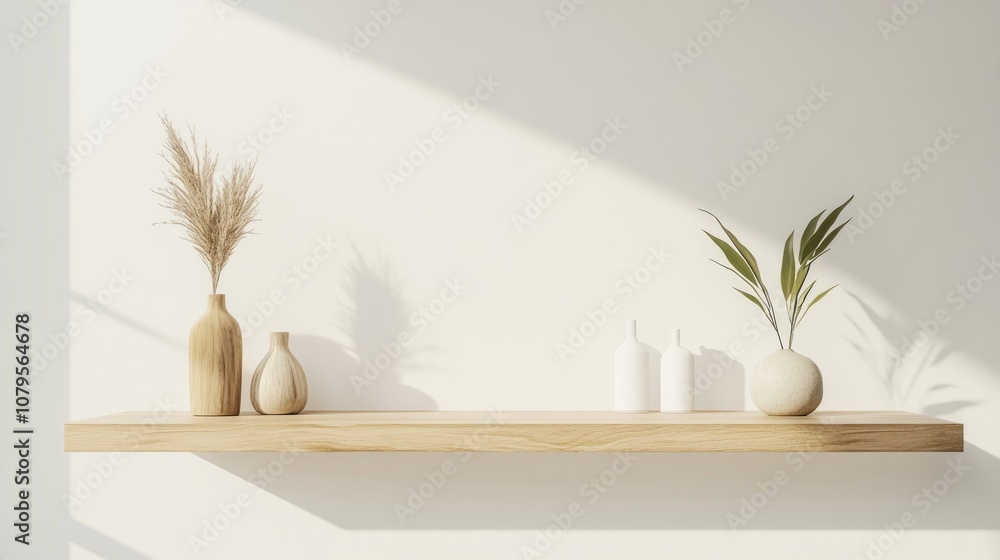 Poster minimalistic mockup scene featuring a wooden shelf with ample white space for product display