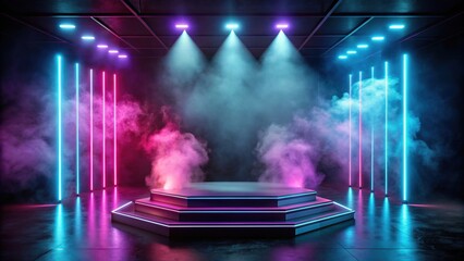 Dark stage with neon lights and smoke, perfect for showcasing products , stage, dark, blue, purple, pink