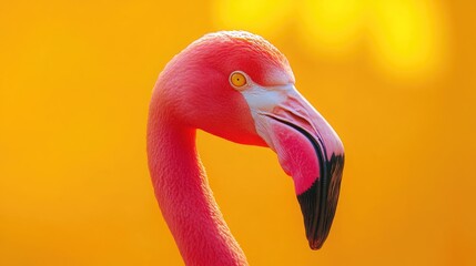 Close up portrait of a pink flamingo set against a bright orange yellow backdrop