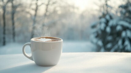 Steaming coffee in a white mug placed on a white table with a snowy forest scene in the background