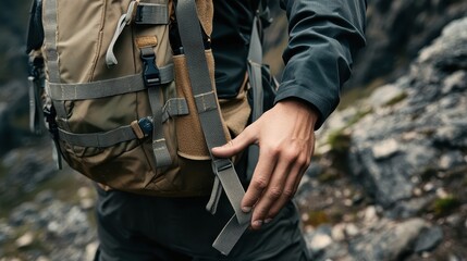 Closeup of a Climber's Hand Adjusting Backpack Strap While Hiking on a Rocky Trail.