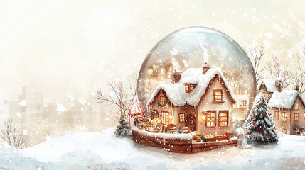 Snow globe with cozy bakery, festive lights, white background, winter charm, watercolor style