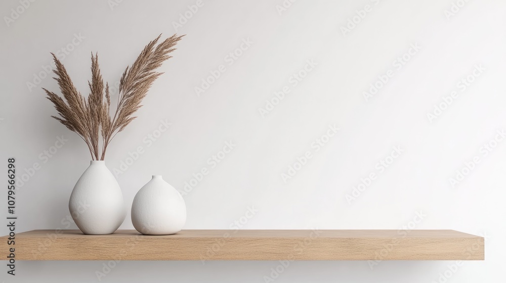 Poster minimalistic mockup scene featuring a wooden shelf with ample white space for product display