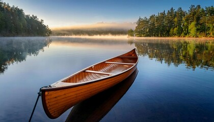 Obraz premium serene morning scene of a wooden canoe resting on a calm waters by a tranquil lake surrounded by the misty morning light, evoking peace and natural beauty with soft reflections and gentle light