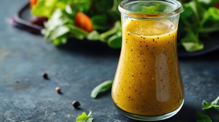 Honey mustard sauce in a glass container ideal for salad dressing Focused shot