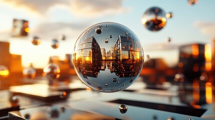 Futuristic Minimal Dreamscape with Floating Metallic Structures in Pastel Sky