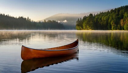 Obraz premium serene morning scene of a wooden canoe resting on a calm waters by a tranquil lake surrounded by the misty morning light, evoking peace and natural beauty with soft reflections and gentle light