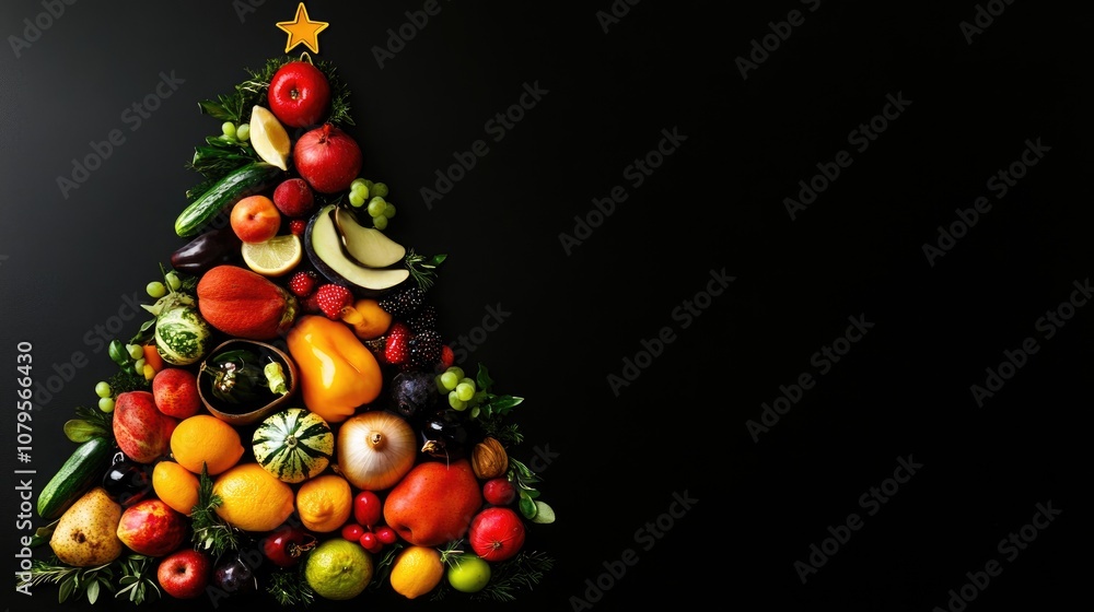 Poster assorted vegetables and fruits arranged in a triangle shape resembling a christmas tree set against 