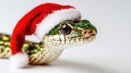 Fototapeta premium Snake wearing a Santa hat on a white background a festive reptile celebrating the holiday season