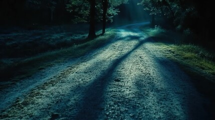 Fototapeta premium A serene, shadowy pathway through a tranquil forest at dusk.
