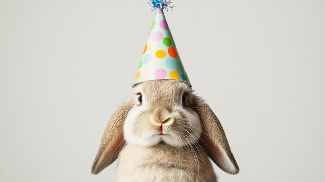 A charming rabbit with floppy ears sporting a colorful party hat decorated with polka dots