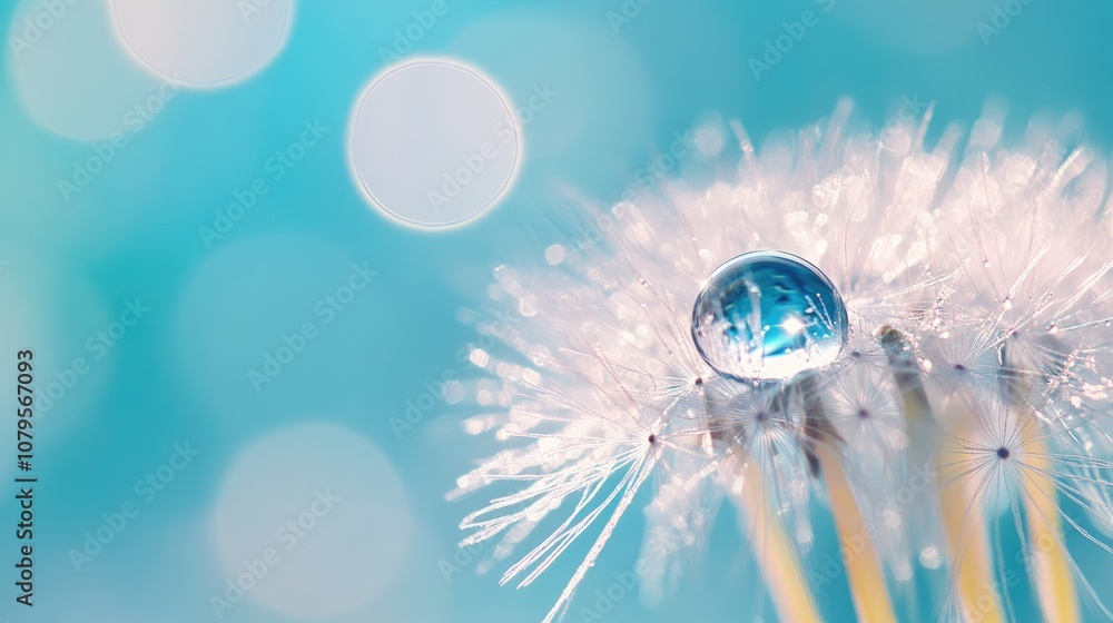 Poster dew drop resting on a dandelion macro flower with soft selective focus against a vibrant blue and li