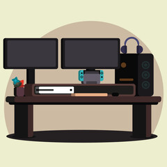 Modern Desk Setup With Gaming Consoles and Dual Monitors