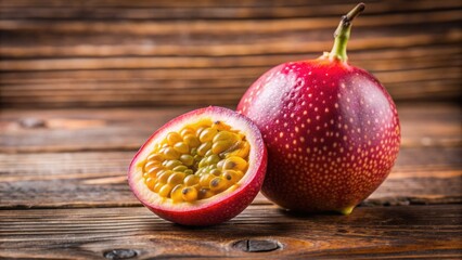 Vibrant close-up of a ripe marakuja fruit on a wooden table , tropical, exotic, passion fruit, juicy, fresh, vibrant, colorful