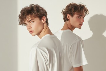Detailed front and back views of a plain white t-shirt on a male model, light grey background