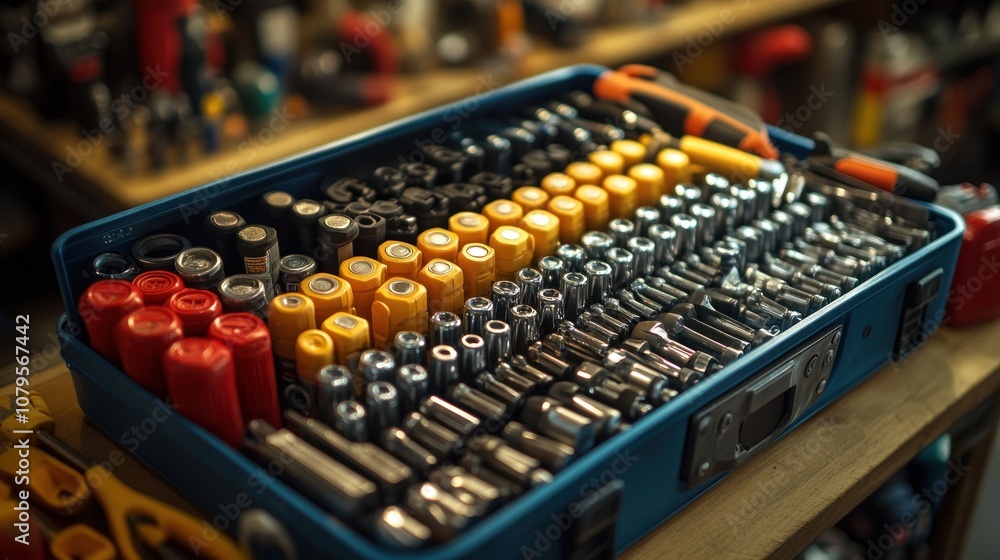 Aufkleber a toolbox filled with various sockets and tools for mechanical work.