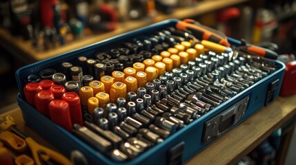 A toolbox filled with various sockets and tools for mechanical work.